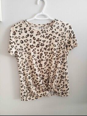 Leopard Knot-Front Short Sleeve Tee - Beige/Brown/Black